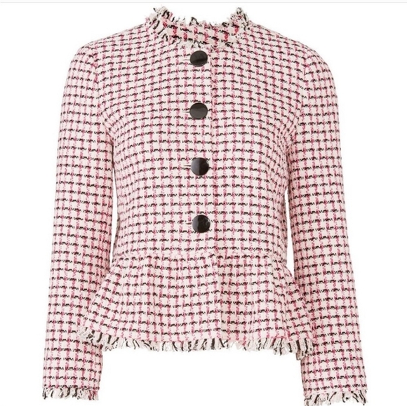 kate spade Jackets & Blazers - Kate Spade New York Pink Cropped Tweed Peplum Jacket Size 8 Fringe Bold Buttons